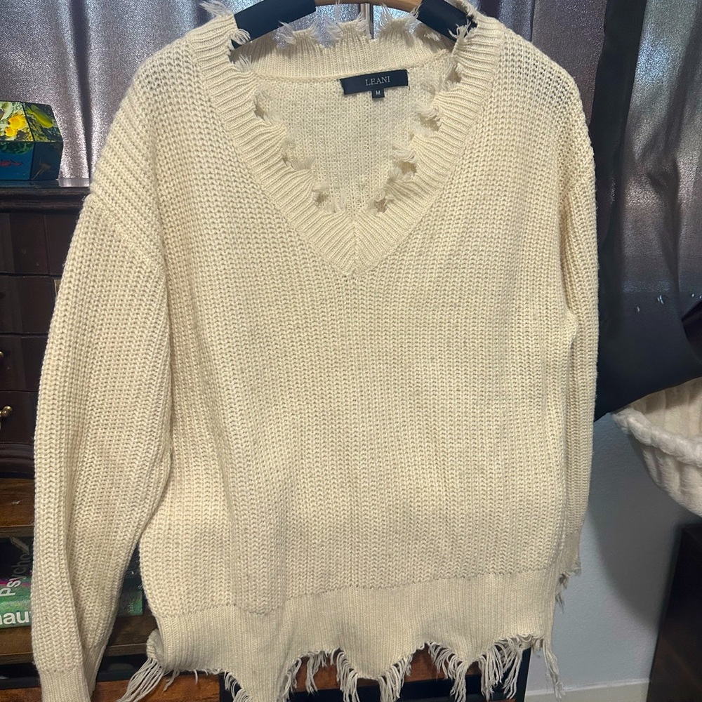 Cream V-Neck Distressed Sweater